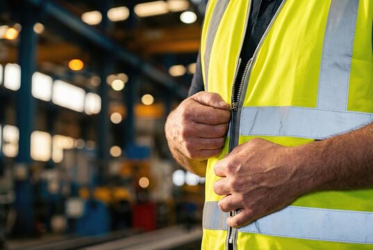 Close-up of a worker zipping up a bright yellow high-visibility safety vest in an industrial warehouse.
