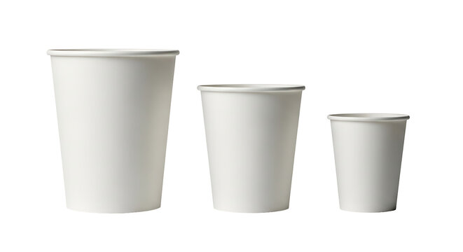 Set of white paper cups in different sizes for hot beverages