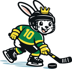 Obraz premium Cartoon rabbit hockey player mascot in green and yellow jersey, black helmet, gold crown, skating with stick and puck, vector isolated on white