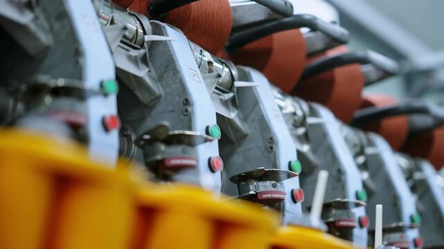 Industrial robotic arms arranged in neat rows ready for operation in a factory setting