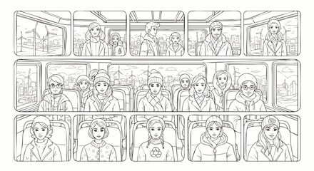 Obraz premium Detailed line art illustration of various people traveling by train or bus in winter, looking through windows at urban and rural landscapes, perfect for coloring pages.