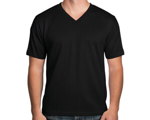 A man in a stylish black V-neck T-shirt, perfect for everyday casual wear, exuding a sense of modern simplicity and comfort.