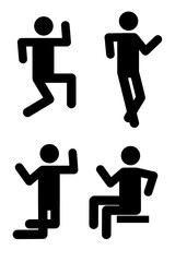 Stick figure people icons set showing emotions, body language, lifestyle poses including sitting, relaxation, kneeling, leaning, flirting or confident stance, humorous exhausted, dramatic lying pose
