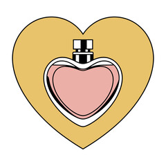 Obraz premium A heart-shaped perfume bottle with a pink liquid inside on a yellow background