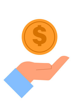 White hand holding golden dollar coin icon. Money savings, investment, wealth building, economic equality, money growth. Vector illustration isolated on black background. High-resolution PNG