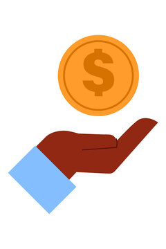 Black, brown hand holding golden dollar coin icon. Money savings, investment, wealth building, economic equality, money growth. Vector illustration isolated on black background. High-res PNG
