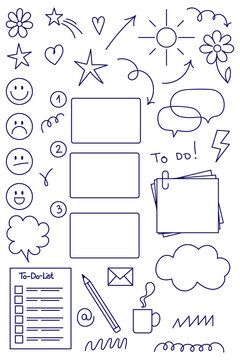 Hand-drawn planner and productivity doodle elements with to-do lists, notes, speech bubbles, arrows, symbols, and decorative icons. High-resolution PNG, perfect for organization, planning, journaling