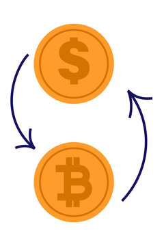 Dollar and Bitcoin coin exchange illustration with circular arrows showing cryptocurrency conversion, digital payment, trading concept. High-resolution PNG for fintech, crypto market, and finance.