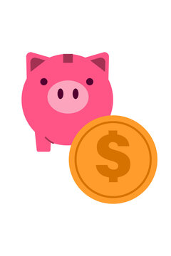 Pink piggy bank with dollar coin icon isolated on black background. Money savings, financial planning, and investment concept vector illustration.