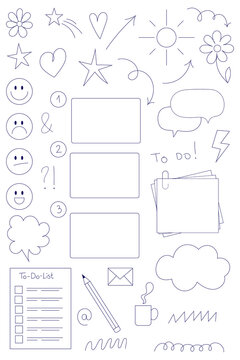 Hand-drawn planner and productivity doodle outlined elements with to-do lists, notes, speech bubbles, arrows, symbols, decorative icons. Perfect for organization, planning, journaling. High-res PNG