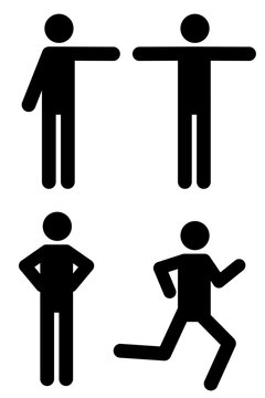 Stick figure human icon collection representing action, communication, emotion. Set showing running motion, welcoming open arms, pointing gesture for direction or instruction, confident hands on hips 