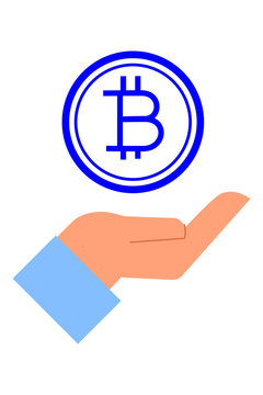 Hand holding bitcoin coin icon. Cryptocurrency investment, digital currency, blockchain technology, and crypto trading concept vector illustration isolated on black background. High-res PNG