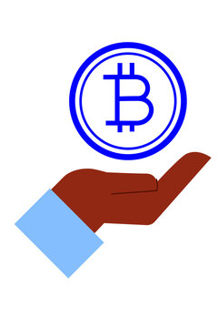 Black, brown hand holding bitcoin coin icon. Cryptocurrency investment, digital currency, blockchain technology, and crypto trading concept vector illustration isolated on black background. PNG
