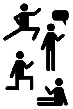 Stick figure human icon set representing teamwork, collaboration, business discussion, communication. Collection includes sitting, kneeling, talking with speech bubble, stretching, action-ready.  PNG