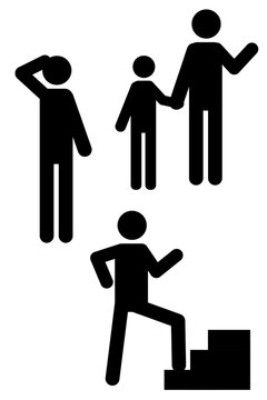 Stick figure icons representing parenting, progress, observation. Set includes adult with child symbolizing care, guidance, person climbing stairs showing growth, figure saluting, searching distance