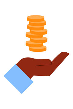Black, brown hand holding stack of golden coins icon. Money savings, financial growth, wealth accumulation, and investment concept vector illustration isolated on black background. High-resolution PNG