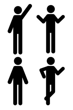 Set of stick figures icons: standing, raised hand, shrugging, explaining, leaning. Perfect for presentations, education, social media, infographics, creative projects, infographics. High-res PNG