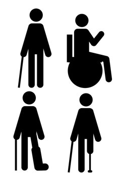 Disability, accessibility stick figure icon set featuring inclusive diversity and mobility support. Includes wheelchair user, crutches assistance, mobility impairment, disability support. High res PNG