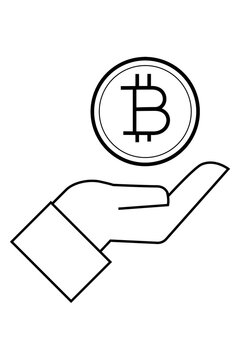 Outline of a hand holding bitcoin coin icon. Cryptocurrency investment, digital currency, blockchain technology, and crypto trading concept vector illustration isolated on black background. PNG