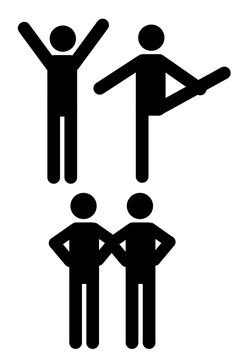 Stick figure people icons set showing celebration, success with raised hands, exercise, workout activity, leg stretching flexibility, two figures standing with hands on hips. Body language, fitness 