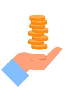White hand holding stack of golden coins icon. Money savings, financial growth, wealth accumulation, and investment concept vector illustration isolated on black background. High-resolution PNG