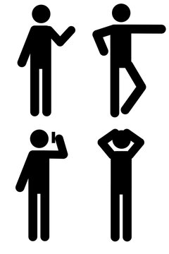 Stick figure people icon set showing communication, emotions, social interaction. Features waving greeting, presentation gesture, stress or worry pose, mobile phone conversation, relaxed leaning pose