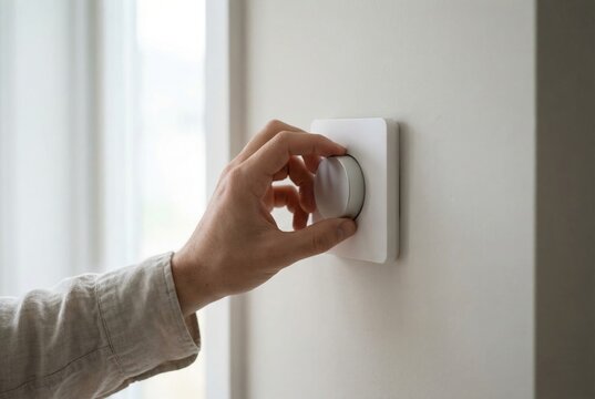 Person adjusting a modern round dimmer switch on a wall to control the brightness of the room's lighting.