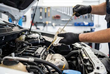 Obraz premium Auto mechanic in black gloves checking the engine oil level with a dipstick during car maintenance.