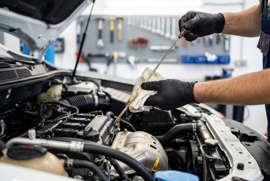 Auto mechanic in black gloves checking the engine oil level with a dipstick during car maintenance.