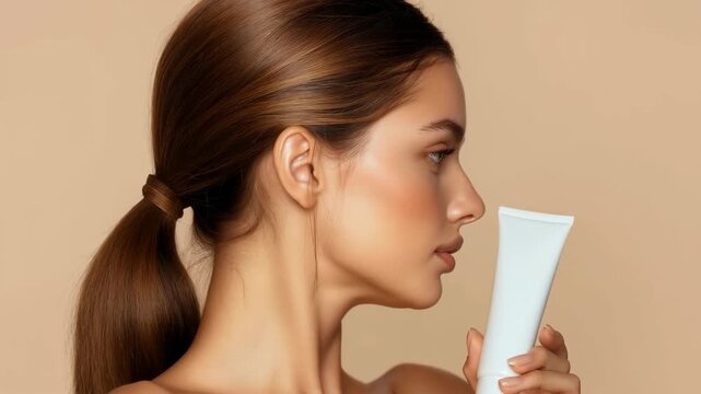 Woman showcasing skincare product with radiant complexion and subtle movements