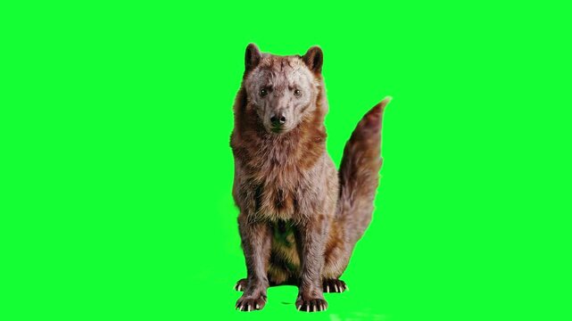 A realistic 3D wolverine with thick dark fur sits alertly against a green screen. This wildlife asset is perfect for nature documentaries, forest-themed cinematic scenes, or educational videos.