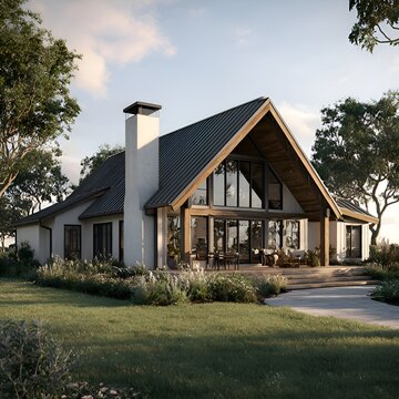 An inviting modern farmhouse with a soa A-frame roof basks in the sunlight surrounded by lush landscaping and mature trees outside.