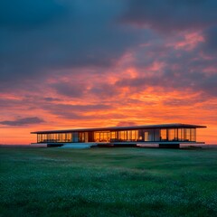 Fototapeta premium A modern home with large sits in a green meadow landscape against a dramatic sunset sky with vibrant colors creating a peaceful scene.