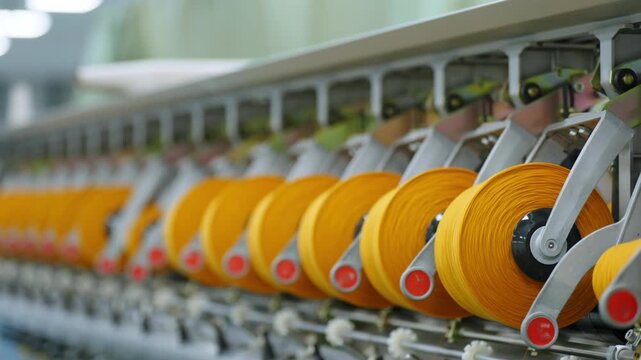 Textile factory yellow yarn spools winding on continuous automated machinery in production line