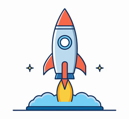 A vintage cartoon spaceship vector illustration of a toy rocket launching into the starry sky on a science exploration travel mission past a distant planet at high speed