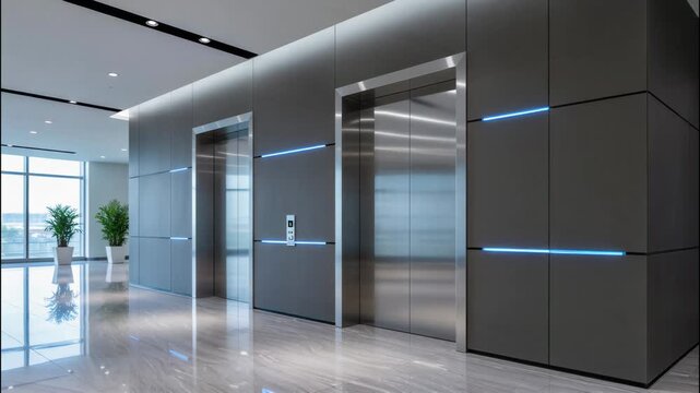 Modern Office Building Lobby With Elevators and Large Windows Letting in Sunlight