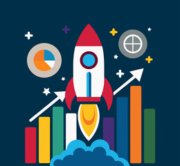 A colorful cartoon vector illustration of a Christmas rocket spaceship traveling through space past the moon and stars to celebrate the holiday year with a festive art design