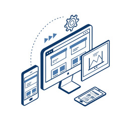 An isometric 3d illustration of a cloud computing concept showcasing a data network connecting a laptop, office building, and home architecture with financial charts and web server icons in a smart ci