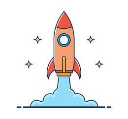 A vintage cartoon spaceship vector illustration of a rocket launching through space to land on a moon planet as a retro travel technology symbol