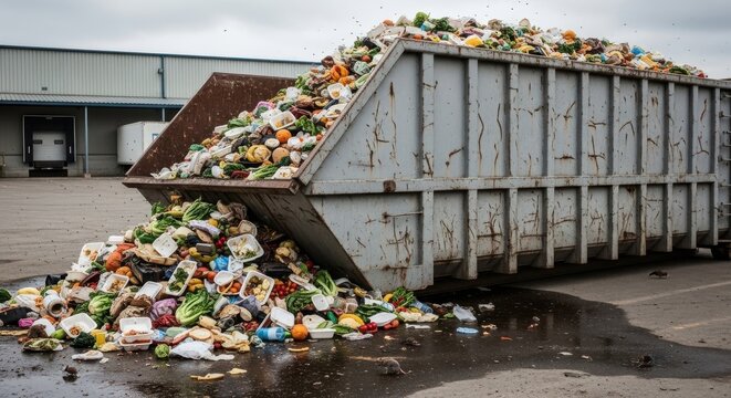 Overflowing dumpster spills rotting food waste onto industrial site