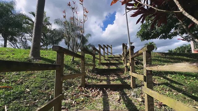 wooden outdoor steps leading uphill through green grass, trees, and tropical plants under changing sky