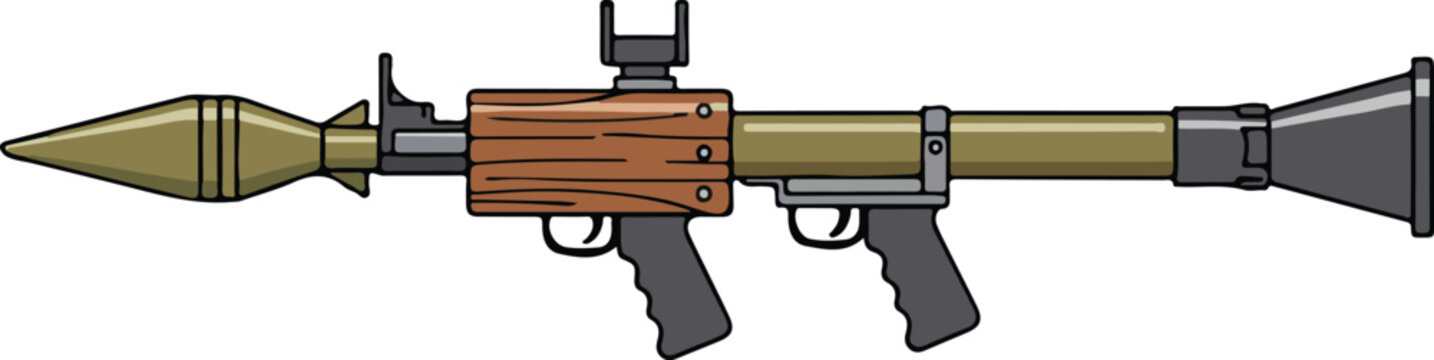 Modern rocket-propelled grenade launcher with dual grips and wooden heat shield, tactical flat vector illustration