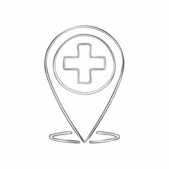 Obraz premium Line art drawing of a map pin icon with a medical cross symbol inside, representing a hospital or healthcare location.