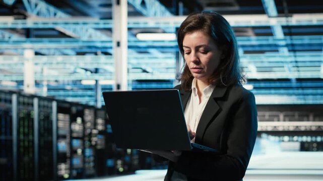 Data center system administrator using AR tech to conduct security audit on IT infrastructure. Server room employee using blue wireframe mesh visualization to verify firewall protection, camera B