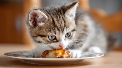 Adorable kitten enjoying a treat on a plate.