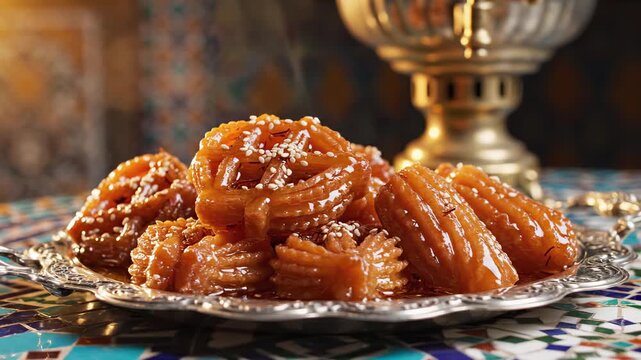 moroccan pastry (likely chebakia or tulumba) glistening with honey syrup, topped with sesame seeds and saffron threads on an ornate silver plate, set on a mosaic tile table