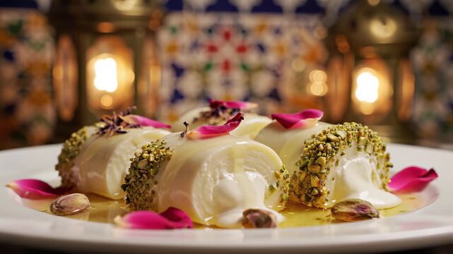 eastern dessert (likely kanafeh rolls or similar) drizzled with syrup, topped with crushed pistachios and delicate rose petals