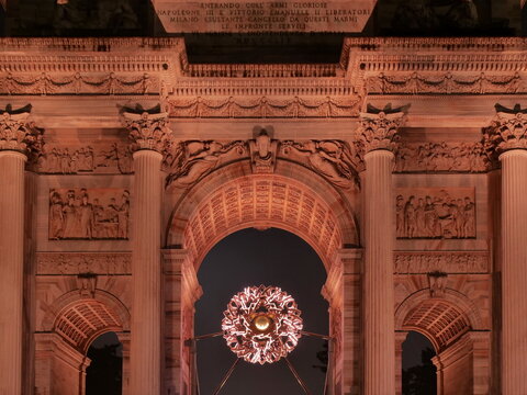 Olimpic flame Milano Cortina 2026 exposed in arch of the peace in Milan, Lombardy, Italy