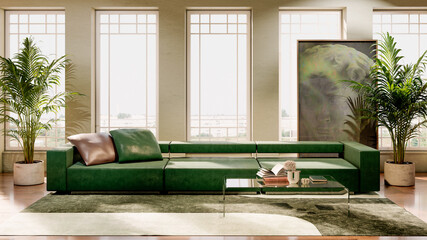 Naklejka premium Large luxury modern bright interiors Living room mockup illustration 3D rendering Digitally Generated Image