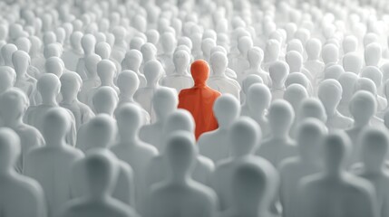 Obraz premium Orange figure standing out among crowded white mannequins.